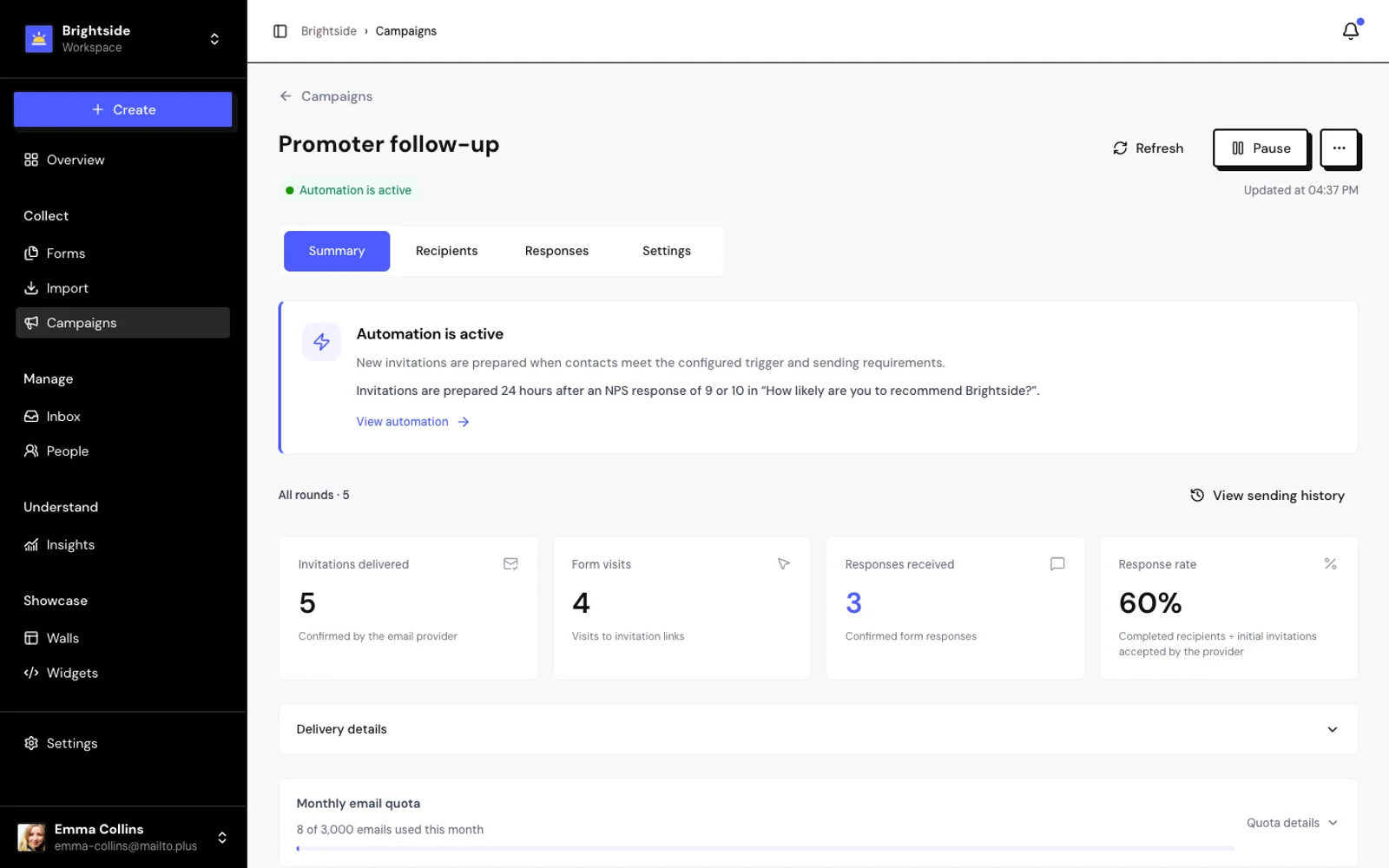 Email campaign with automation trigger and results