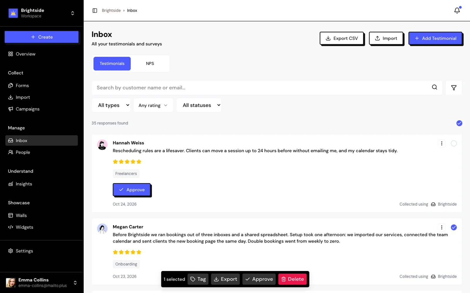 Testimoniacs inbox with pending and approved testimonials
